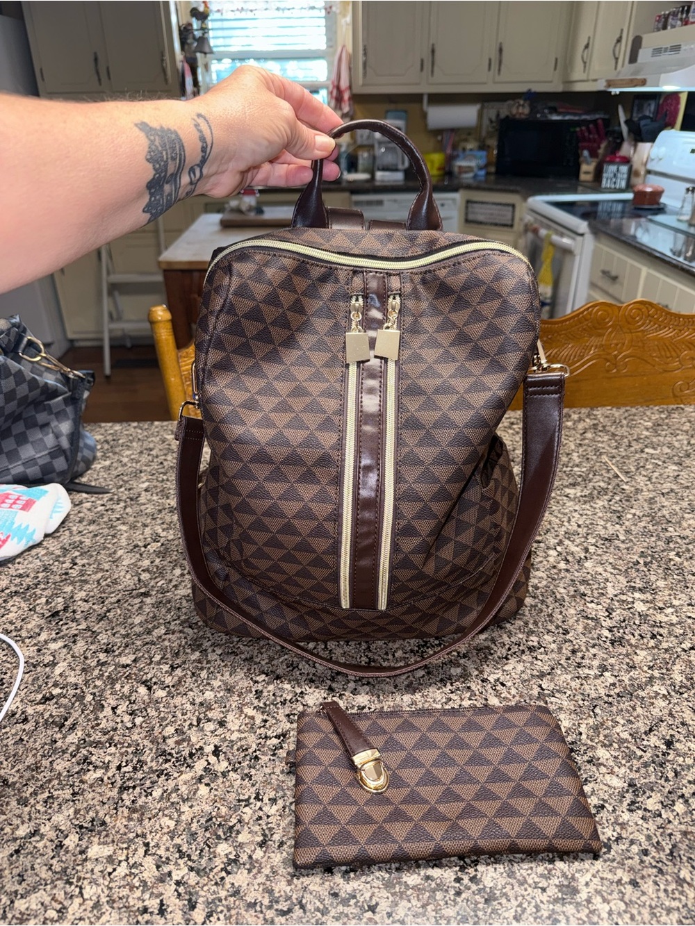 Brown Geometric Pattern Convertible Backpack
